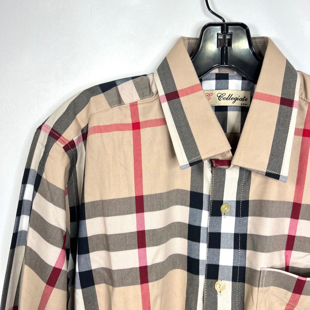 Collegiate Tan Plaid Button Down Mens Size L Long Sleeve Checkered Pocket Shirt
